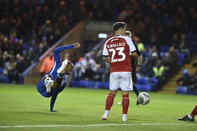 Ivan Toney in acrobatic action for Posh against Fleetwood. Photo: David Lowndes.