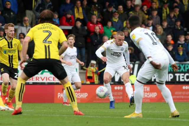 Joe Ward opens the scoring for Posh at Burton. Photo: Joe Dent/theposh.com.