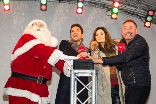 Father Christmas, Peter Andre and Roz and Kev from Heart FM at the lights switch-on