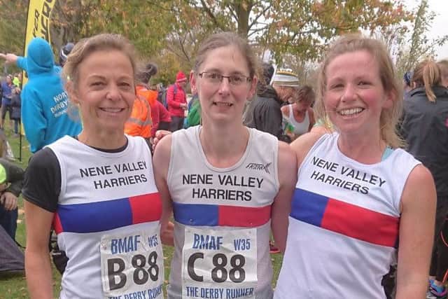 The Nene Valley ladies team that ran in the British Masters Cross-Country Relays. From the left they are Lindsey Lister, Laura Grimer and  Ruth Jones.