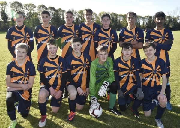 Glinton & Northborough Amber Under 15s are pictured before their 7-2 win over Malborne Rangers. They are from the left, back,  Jack Crane, Matt Roe, James Connell, Isaac Woodfield-Mills, William Barfield, Ruben Harry, Nigel Thomas, front, Max Sambells, James Smith, Tommy Paul, Oliver Hill, Jonny Hook and Daniel Froggitt.