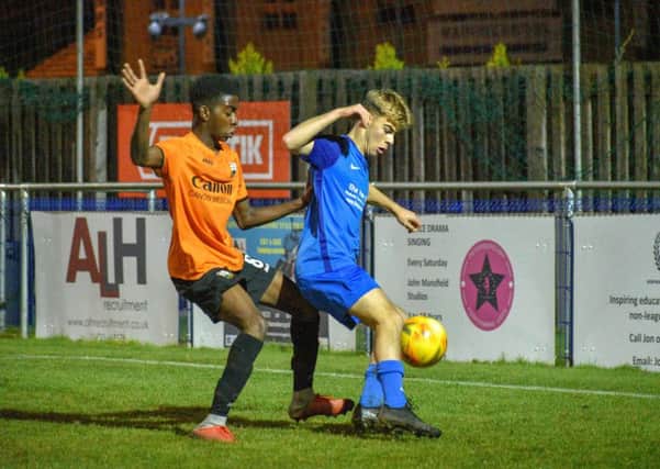 Action from Peterborough Sports (blue) v Barnet in the FA Youth Cup. Photo: James Richardson.