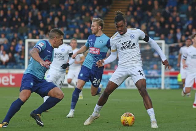 Ivan Toney on the ball for Posh at Wycombe. Photo: Joe Dent/theposh.com.