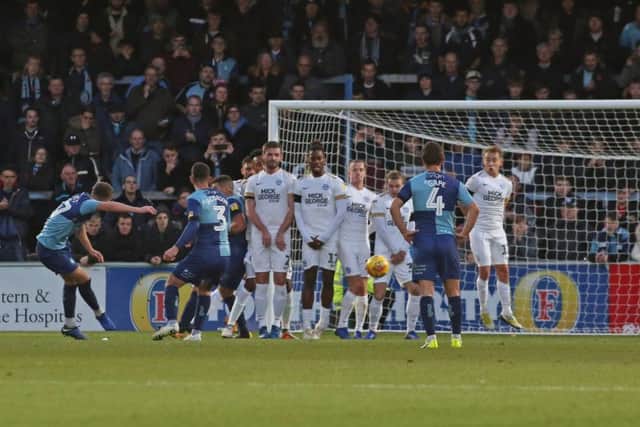 The free kick from Bryn Morris that sealed a 1-0 win over Posh. Photo: Joe Dent/theposh.com.