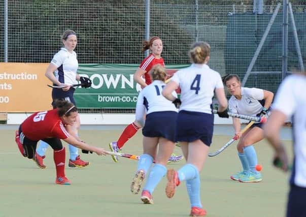 A shot at goal from City of Peterborough Ladies in their 4-3 win over West Herts at Bretton Gate. Photo: David Lowndes.