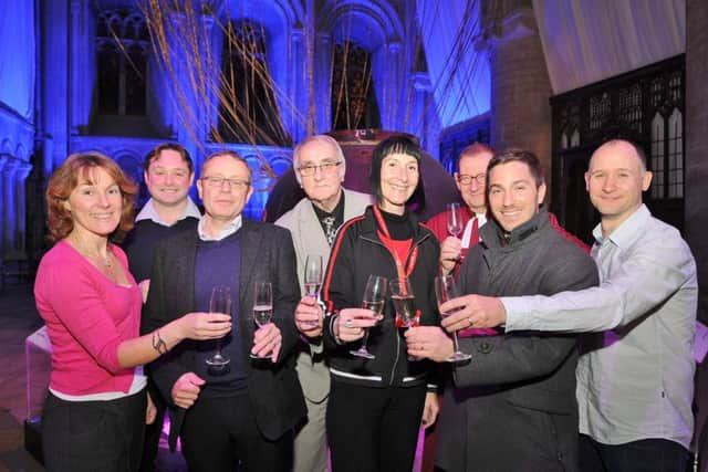 Last  night at Peterborough Cathedral for the Soyuz space capsule. Vodaphone celebration with Rebecca Stephens, James Taylor, Andy Starnes, John Holdich, Sandra Weir, The Very Revd. Christopher Dalliston, Dean of Peterborough Cathedral, Alberto Capuzzo and Bevan Kirkman EMN-180511-203044009
