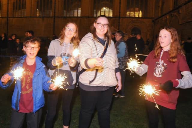Last  night at Peterborough Cathedral for the Soyuz space capsule.  Sparklers in the Cloisters EMN-180511-203106009