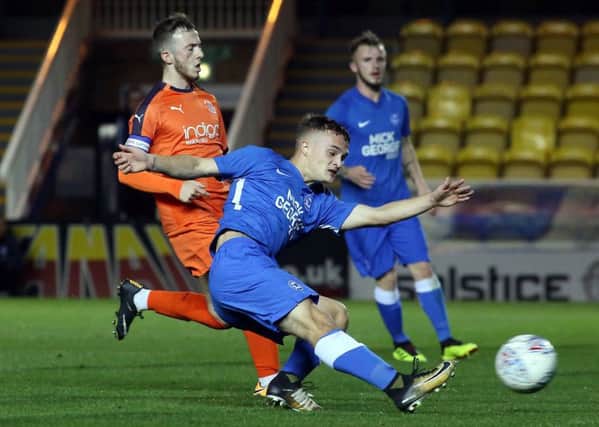 Oli Shackleton fires Posh in front against Luton in their FA Youth Cup meeting. Photo: Joe Dent/theposh.com.