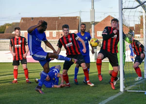 Avelino Vieira scores for Peterborough Sports in their 5-0 win against Thame United last weekend.