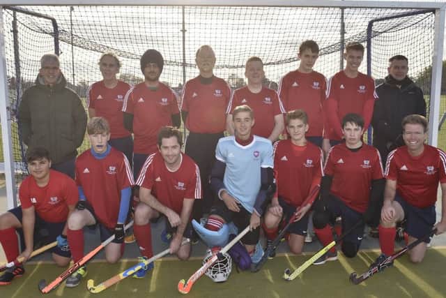 City of Peterborough 7ths before a 3-2 win over Ely, back row, left to right, Alastair Bradley, John Dakin, Jagreet Singh, Rob Fisher, Steve Browning, Roan Pilsworth, Josh Haddon, Brian Waldon, front, Ajani Hafiz, Thomas Turnell, Andrew Taylor, Andrew Inskip, Max Etherington, Adam Nunn, Jonathan Bigham EMN-180311-233423009