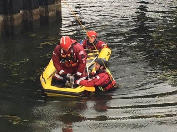 The cygnet being rescued. Photo Cambridgeshire Fire and Rescue Service