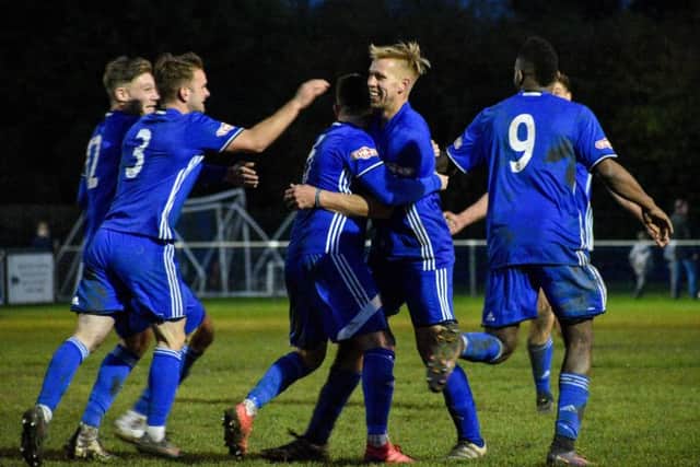 Peterborough Sports celebrate their winning goal against Corby. Photo: James Richardson.