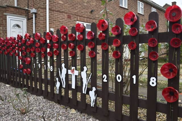 WW1 decorations at a garden in Western Avenue, Dogsthorpe