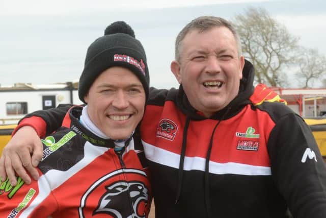Ged Rathbone (right) with Panthers rider Ulrich Ostergaard.