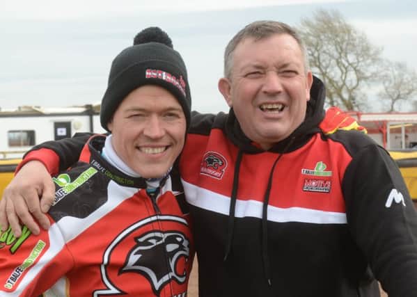 Ged Rathbone (right) with Panthers rider Ulrich Ostergaard.
