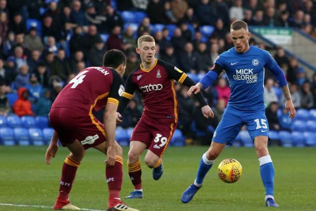 Joe Ward on the ball for Posh against Bradford City. Photo: Joe Dent/theposh.com.