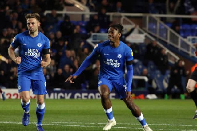 Posh striker Ivan Toney celebrates his equaliser against Bradford City. Photo: Joe Dent/theposh.com.