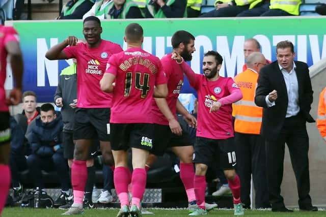 Posh celebrate a goal at Coventry in October, 2015.