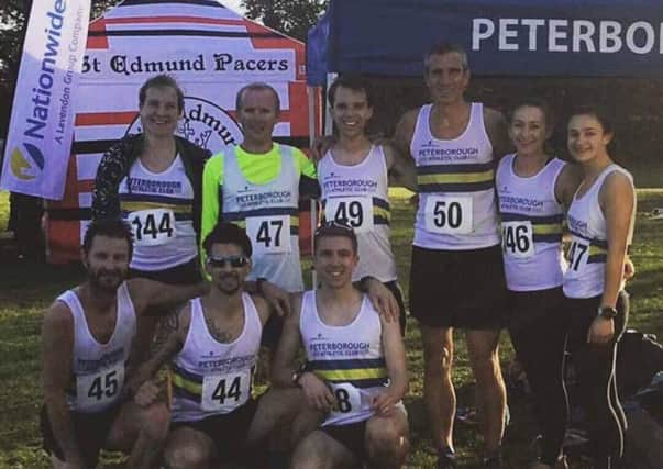 Peterborough AC runners at the Eastern Counties Championships. From the left they are, back, Sarah Caskey, Olly Mason, Nathan Popple, Simon Mead, Louise Mason, Sophie Watson, front, Steve Hall, Kirk Brawn and Dom Moszkal.
