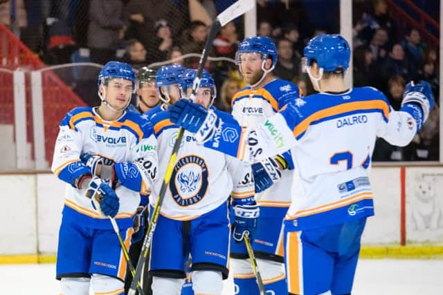 Phantoms celebrate a Corey McEwen goal against Invicta. Photo: ©2018 Tom Scott. All rights reserved.