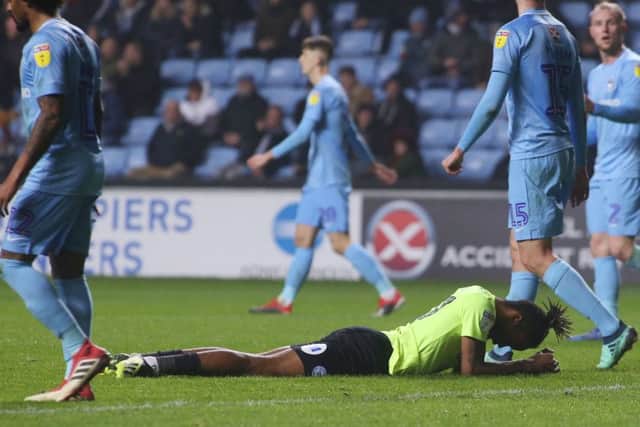 Posh striker Ivan Toney after missing a great chance to score at Coventry. Photo: Joe Dent/theposh.com.