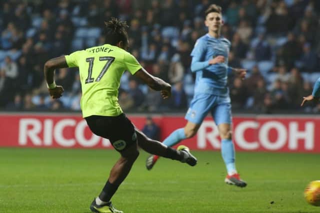 Ivan Toney scores for Posh against Coventry. Photo: Joe Dent/theposh.com.