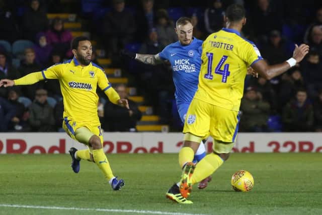 Marcus Maddison scores the winning goal for Posh against Wimbledon. Photo: Joe Dent/theposh.com.