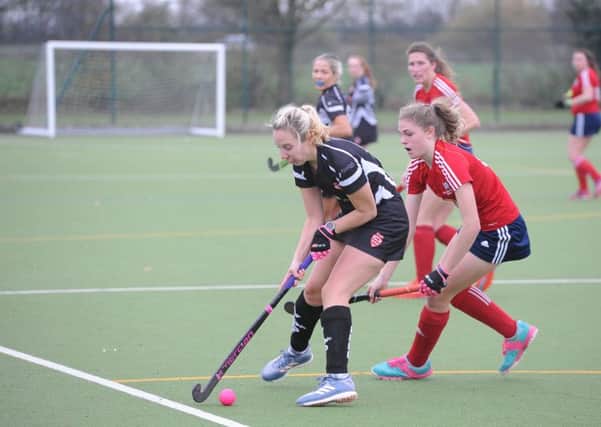 Action from City of Peterborough Ladies 2nds v Bourne Deeping 1sts. Photo David Lowndes.