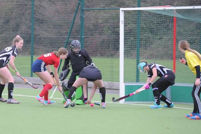 Action from City of Peterborough Ladies 2nds v Bourne Deeping 1sts. Photo David Lowndes.