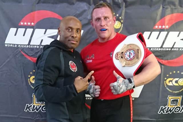 British heavyweight champion Ernestas Girdauskas with his coach Rob Taylor.