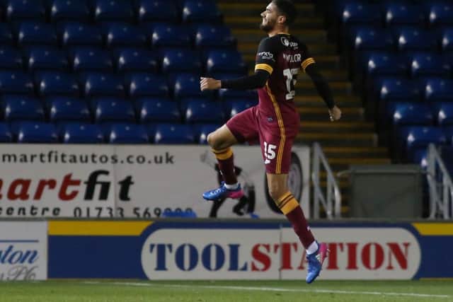 Bradford City's Kelvin Mellor celebrates his wonderful goal at Posh. Photo: Joe Dent/theposh.com.
