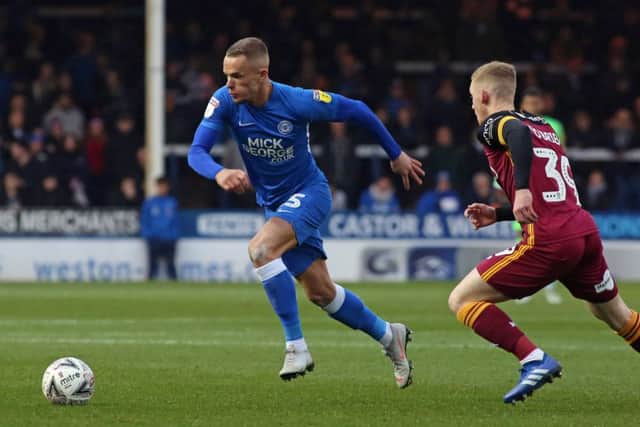 Joe Ward of Posh on the ball against Bradford City. Photo: Joe Dent/theposh.com.