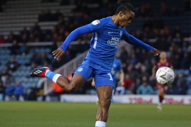 Ivan Toney of Peterborough United scores his sides opening goal of the game. Photo: Joe Dent/theposh.com.