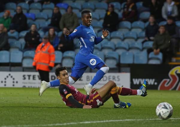 Siriki Dembele scores for Posh against Bradford City. Photo: Joe Dent/theposh.com.