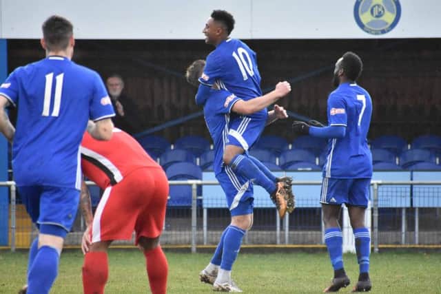 Dion Sembie-Ferris (10) celebrates his first goal for Peterborough Sports against Dunstable. Photo: James Richardson.
