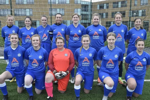 Peterborough United Ladies Reserves. From the left are, back, Devon Caston, Stefanie Thorne, Vickie Foster, Holly Fleetwood, Georgie Elsom, Jemma Hill, Poppy Ludgate, Beth Yaxley, front, Mia Newman, Emily Eacott, Vicki France, Jess Lavender, Jess Fry and Hope Harold.
