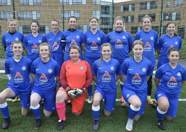 Peterborough United Ladies Reserves. From the left are, back, Devon Caston, Stefanie Thorne, Vickie Foster, Holly Fleetwood, Georgie Elsom, Jemma Hill, Poppy Ludgate, Beth Yaxley, front, Mia Newman, Emily Eacott, Vicki France, Jess Lavender, Jess Fry and Hope Harold.