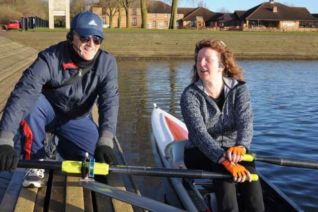 Visually impaired sculler Kathryn Lindgren at Peterborough City Rowing club course at Thorpe Meadows with Peter Forrest, PCRC chairman of rowing EMN-181217-153532009