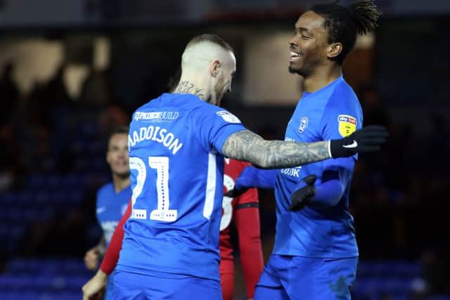 Ivan Toney of Peterborough United celebrates scoring the equalisng goal against Walsall with Marcus Maddison. Photo: Joe Dent/theposh.com.
