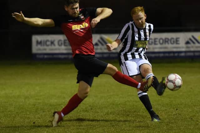 Jack Bloodworth (stripes) scored for Peterborough Northern Star at Sleaford.