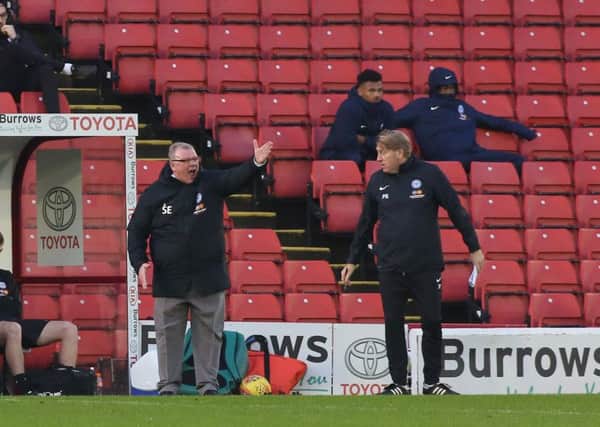 Peterborough United manager Steve Evans shouts instructions from the touchline at Barnsley.  Photo: Joe Dent/theposh.com.