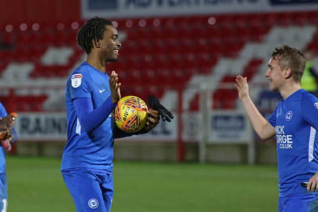 Posh striker Ivan Toney with the match ball and teammate Louis Reed after the 4-0 win at Accrington. Photo: Joe Dent/theposh.com.