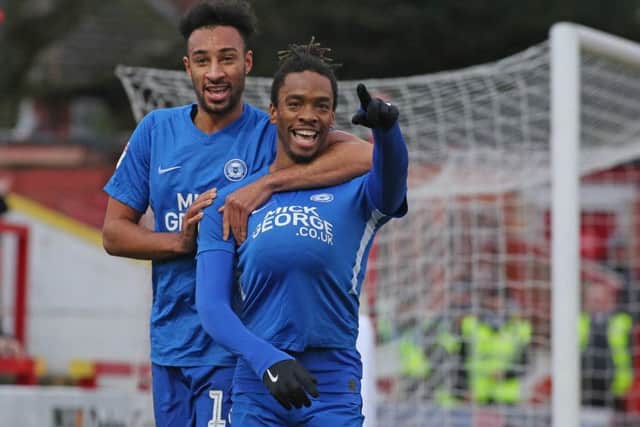 Posh hat-trick hero Ivan Toney (right) celebrates with the other goalscorer at Accrington, Rhys Bennett. Photo: Joe Dent/theposh.com.