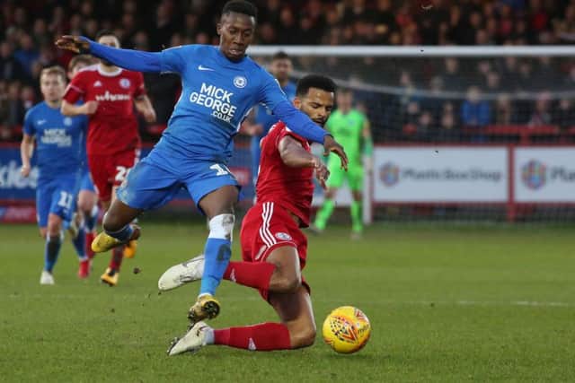 Siriki Dembele in action for Posh at Accrington. Photo: Joe Dent/theposh.com.