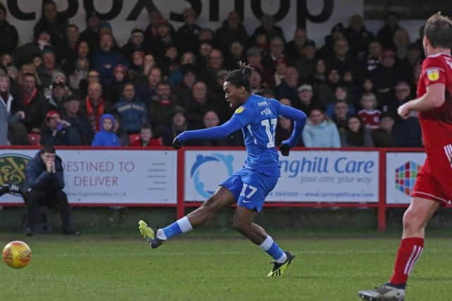 Ivan Toney makes it 2-0 for Posh at Accrington. Photo: Joe Dent/theposh.com.