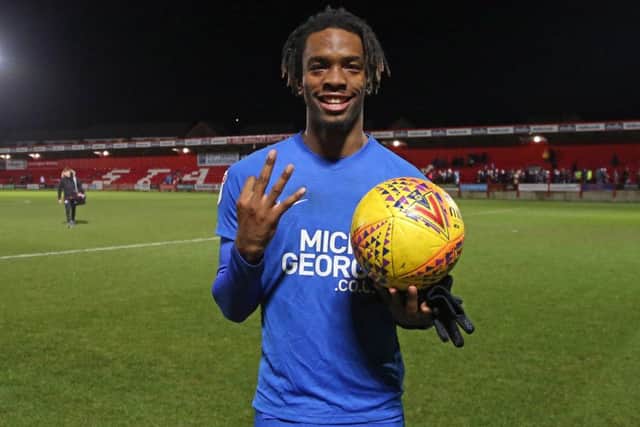 A traditional post-match pose from Posh hat-trick star Ivan Toney. Photo: Joe Dent/theposh.com.