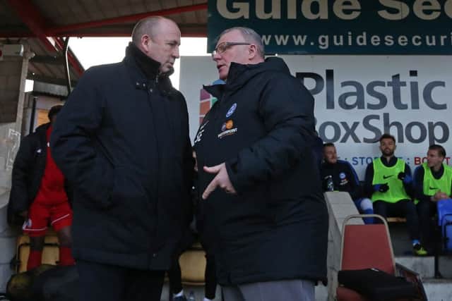 Posh manager Steve Evans (right) with Accrington manager John Coleman before the game. Photo: Joe Dent/theposh.com.