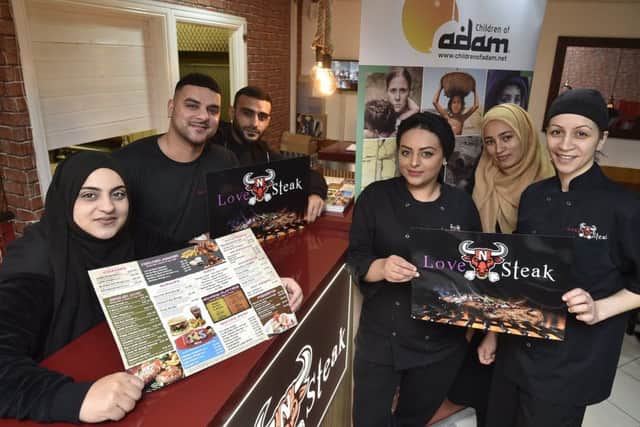 Shahida, Hamza, Amir, Aneesa and Nafeesa Hussain and Michela Herodotou at Love N Steak restaurant, Lincoln Road