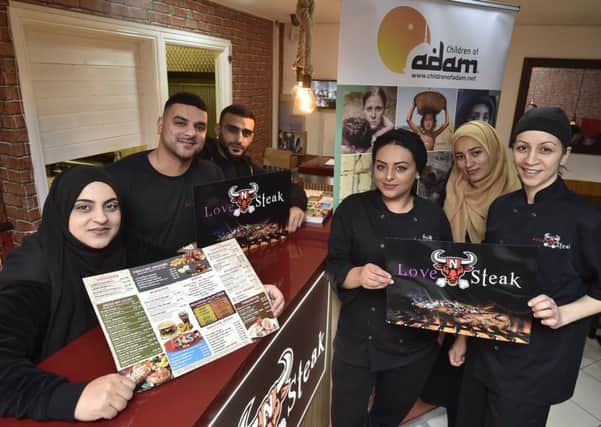 Shahida, Hamza, Amir, Aneesa and Nafeesa Hussain and Michela Herodotou at Love N Steak restaurant, Lincoln Road