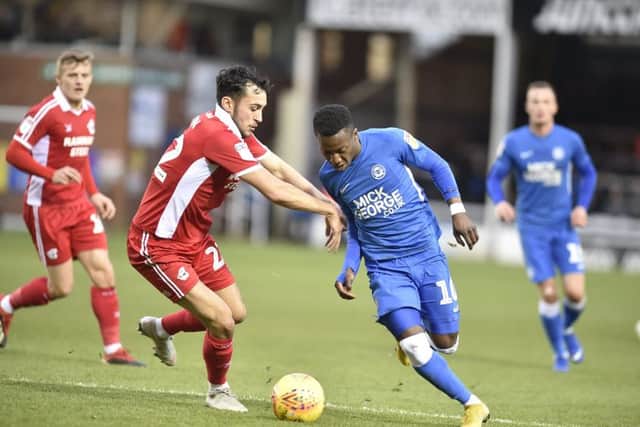 Siriki Dembele on the move for Posh against Scunthorpe. Photo: David Lowndes.